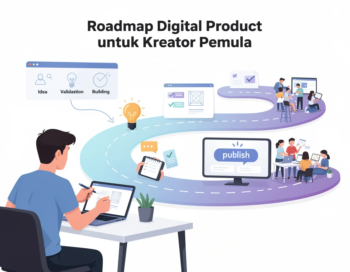 Peta perjalanan produk digital dari validasi ide sampai onboarding pembeli